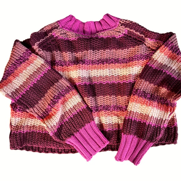Free People Devon Cropped Knit Striped Sweater in Fuchsia Rose, Sz Sm - Picture 12 of 16
